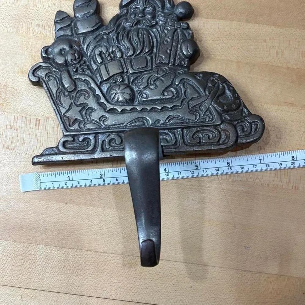 Vintage Cast Iron Christmas Wall Hooks Santa Sleigh Snowman Rocking Horse 3pc